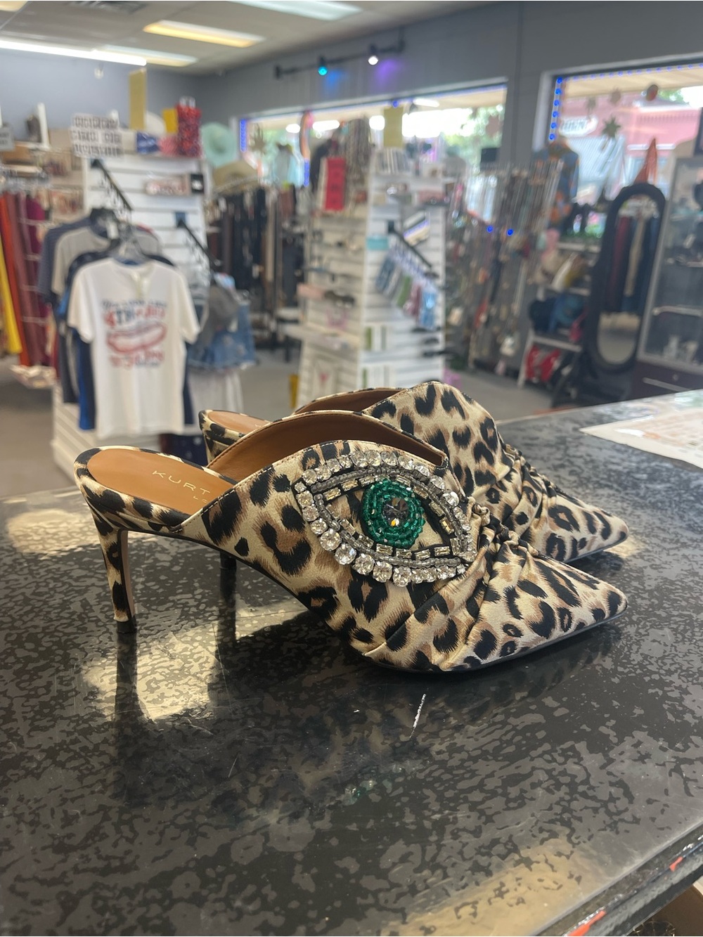 Kurt Geiger Leopard Print Mules with Crystal Eye Accent - Picture 2 of 8